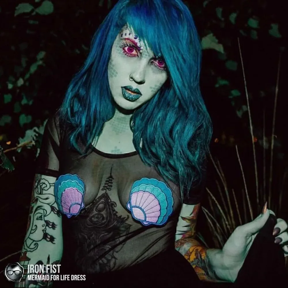 IRON FIST/DOLLS KILL MERMAID FOR LIFE LAYERED MESH DRESS IN BLACK HALLOWEEN MIDI